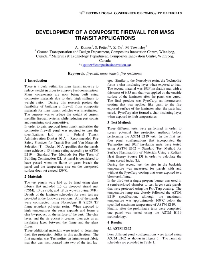 development of a composite firewall for mass transit