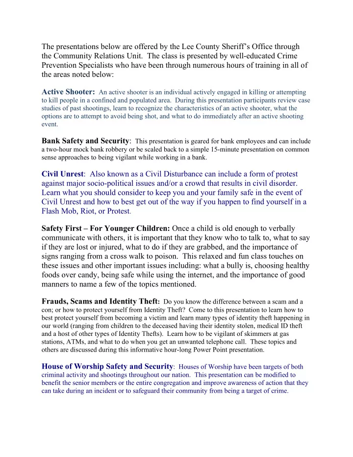 the presentations below are offered by the lee county