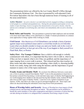 The presentations below are offered by the Lee County Sheriffs Office through  the Community