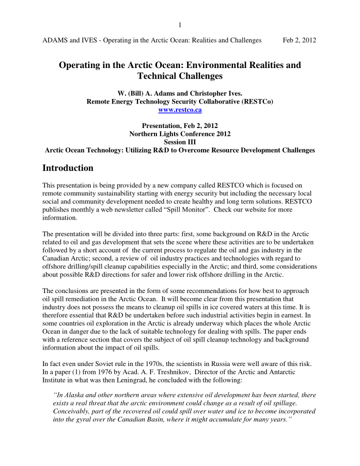operating in the arctic ocean environmental realities and