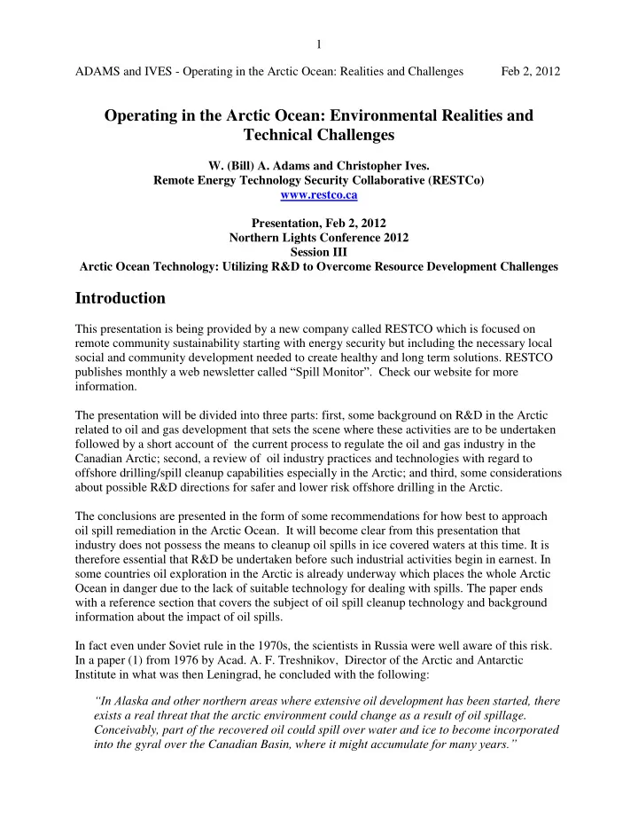 operating in the arctic ocean environmental realities and