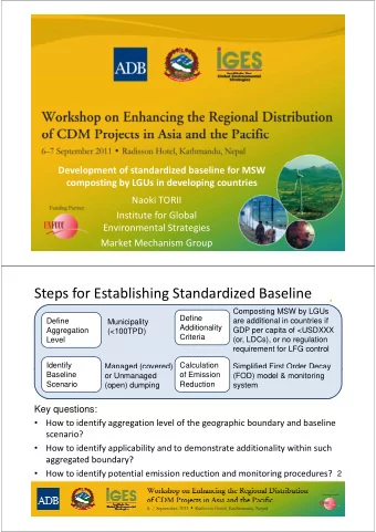 Steps for Establishing Standardized Baseline  Composting MSW by LGUs  Composting MSW by LGUs