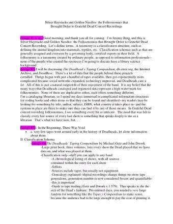 Silver Haystacks and Golden Needles: the Folksonomies that  Brought Order to Grateful Dead Concert