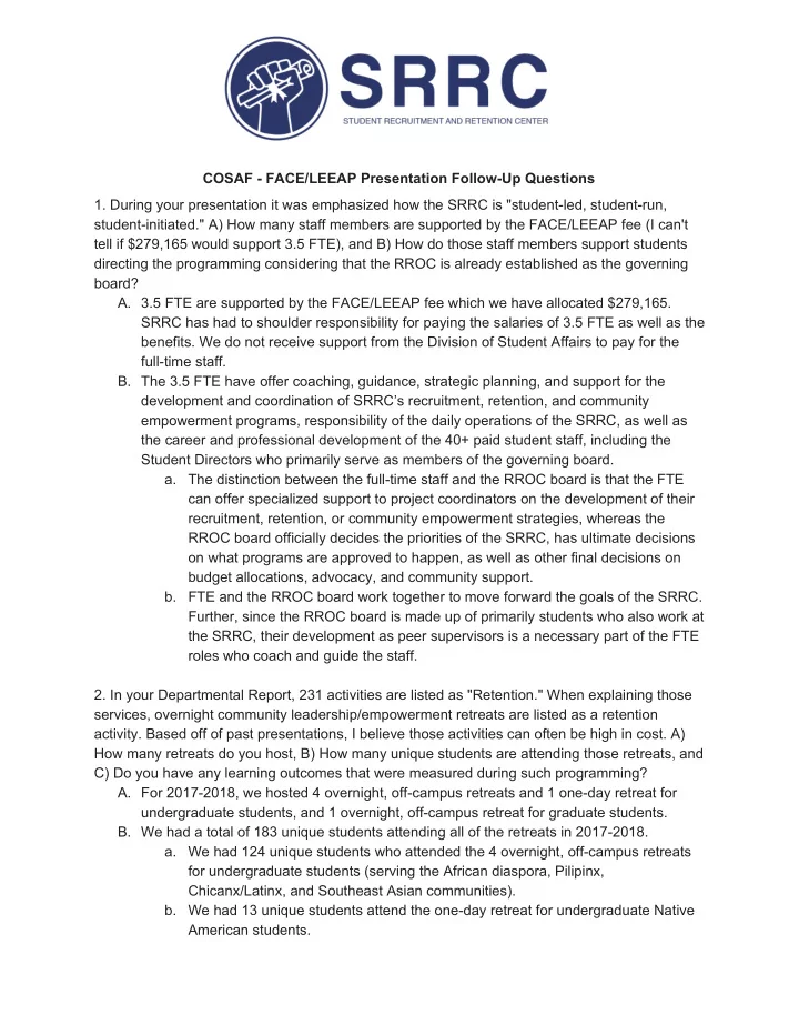 cosaf face leeap presentation follow up questions 1