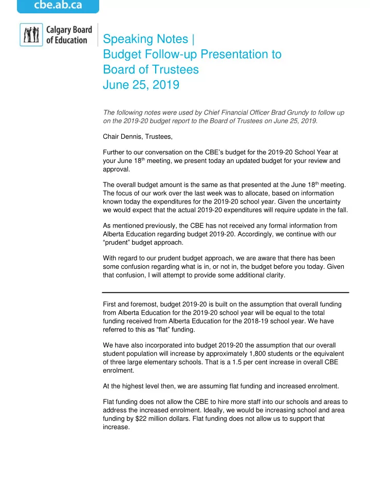 speaking notes budget follow up presentation to board of