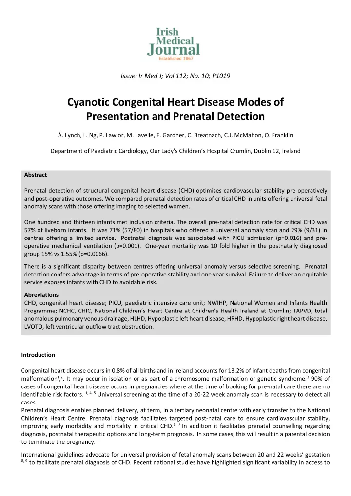 issue ir med j vol 112 no 10 p1019 cyanotic congenital