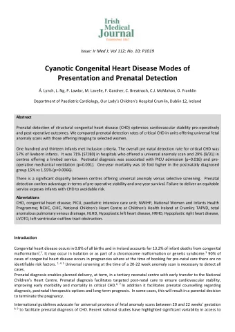 Issue: Ir Med J; Vol 112; No. 10; P1019  Cyanotic Congenital Heart Disease Modes of  Presentation
