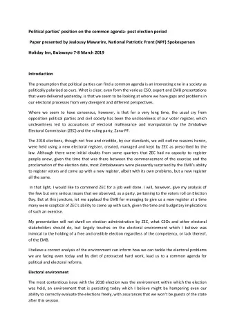 Political parties position on the common agenda- post election period  Paper presented by