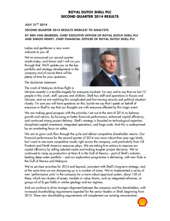 ROYAL DUTCH SHELL PLC  SECOND QUARTER 2014 RESULTS JULY 31 ST 2014  SECOND QUARTER 2014 RESULTS