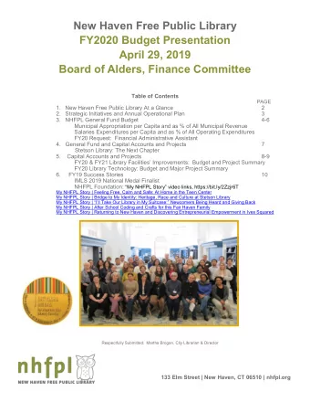 New Haven Free Public Library FY2020 Budget Presentation April 29, 2019 Board of Alders, Finance