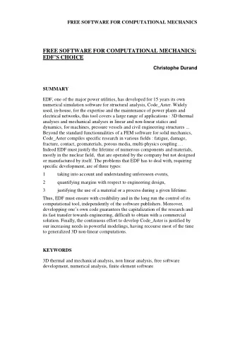 FREE SOFTWARE FOR COMPUTATIONAL MECHANICS: EDFS CHOICE  Christophe Durand  SUMMARY  EDF, one of
