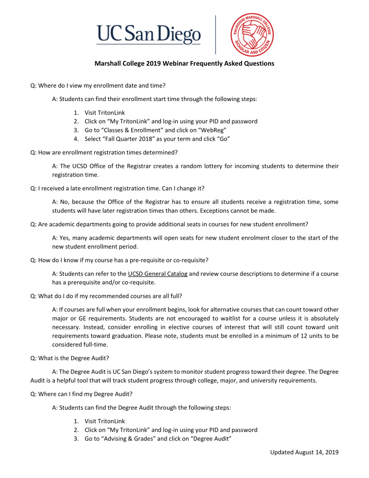 marshall college 2019 webinar frequently asked questions