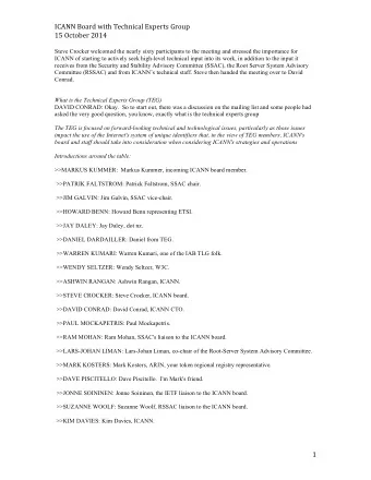 ICANN Board with Technical Experts Group  15 October 2014  Steve Crocker welcomed the nearly sixty