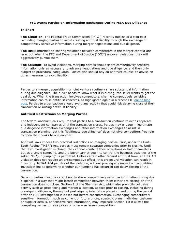 ftc warns parties on information exchanges during m a due