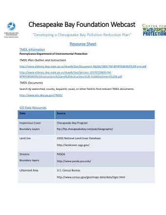 Chesapeake Bay Foundation Webcast  Developing a Chesapeake Bay Pollution Reduction Plan