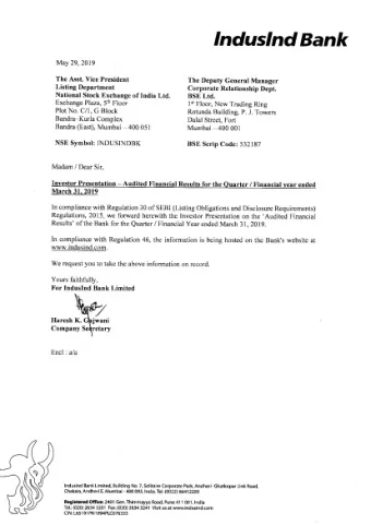 Induslnd Bank May 29,2019 The Asst. Vice President  Thc Deputy General Manager  Listing Dcpartment