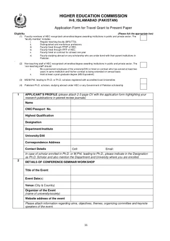 HIGHER EDUCATION COMMISSION  H-9, ISLAMABAD (PAKISTAN)  Application Form for Travel Grant to