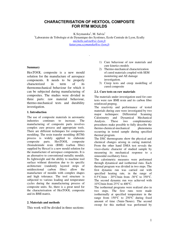 characterisation of hextool composite for rtm moulds