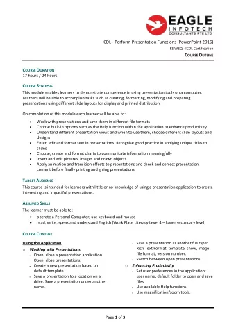 ICDL - Perform Presentation Functions (PowerPoint 2016)  ES WSQ - ICDL Certification C OURSE O