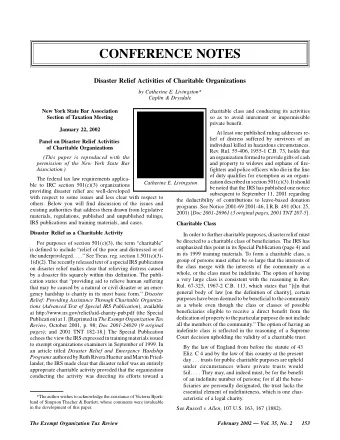 CONFERENCE NOTES  Disaster Relief Activities of Charitable Organizations  by Catherine E.