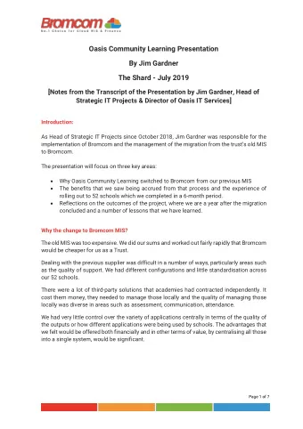 Oasis Community Learning Presentation  By Jim Gardner  The Shard - July 2019  [Notes from the