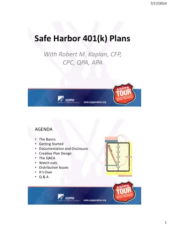 Safe Harbor 401(k) Plans  With Robert M. Kaplan, CFP,  CPC, QPA, APA  AGENDA  The Basics