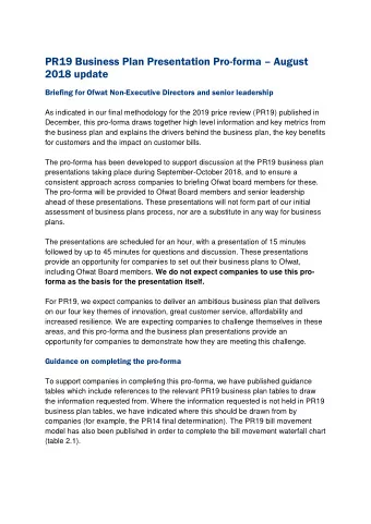 PR19 Business Plan Presentation Pro-forma  August  2018 update  Briefing for Ofwat Non-Executive