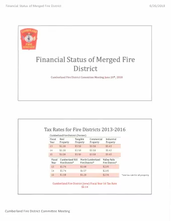 Financial Status of Merged Fire  $5.43  Fiscal  Cumberland Hill  North Cumberland  Valley Falls