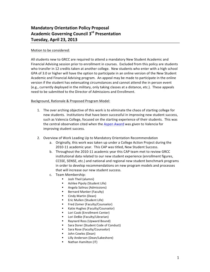mandatory orientation policy proposal academic governing