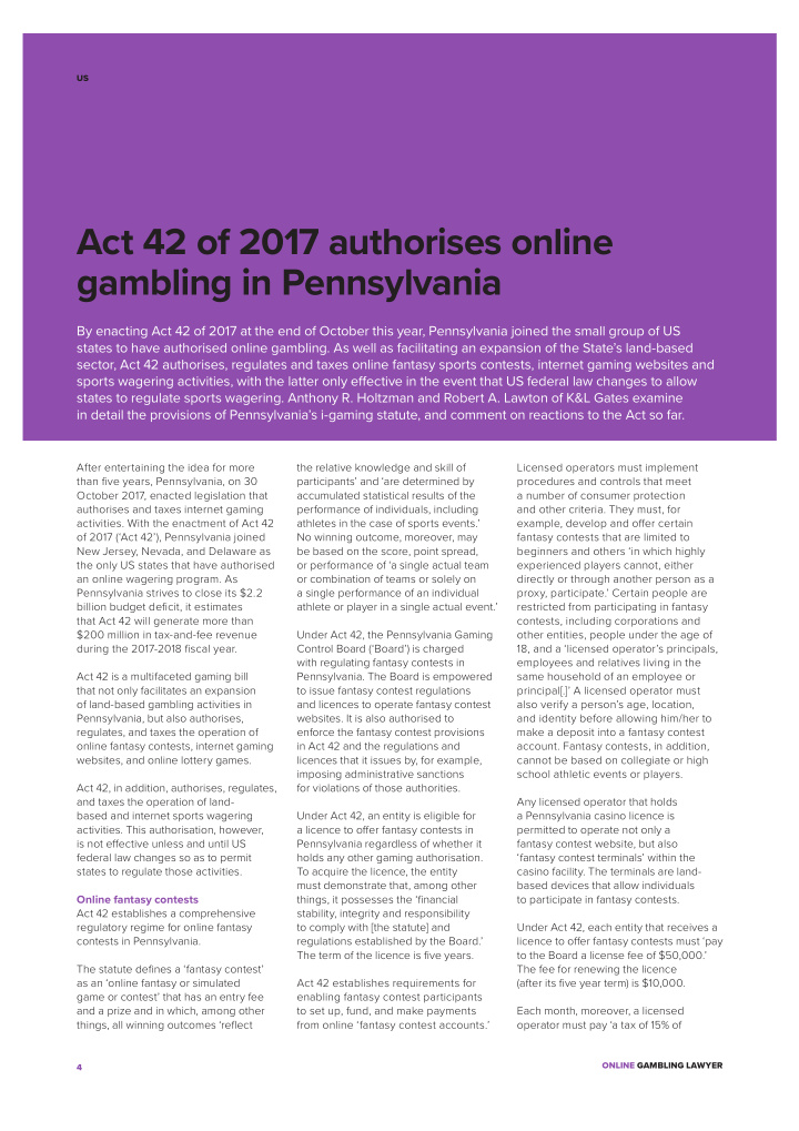act 42 of 2017 authorises online gambling in pennsylvania