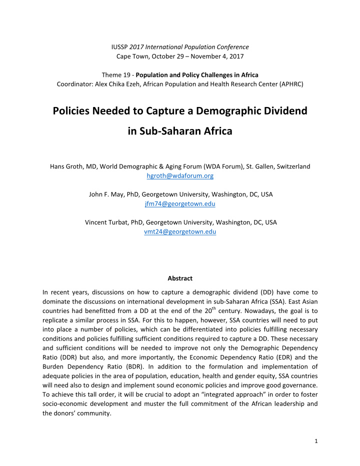 policies needed to capture a demographic dividend in sub