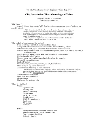 City Directories: Their Genealogical Value  Marjorie (Margie) STEIN Beldin  margiebeldin@gmail.com