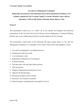 Tax and Tax Management Techniques  Being Paper presented by Oyin Immanuel and Godwin Emmanuel