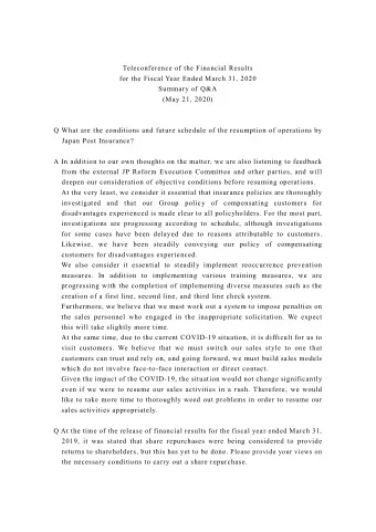Teleconference of the Financial Results for the Fiscal Year Ended March 31, 2020 Summary of Q&amp;A
