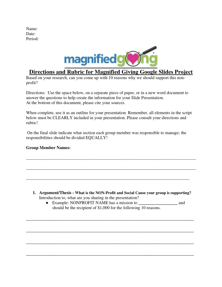 directions and rubric for magnified giving google slides