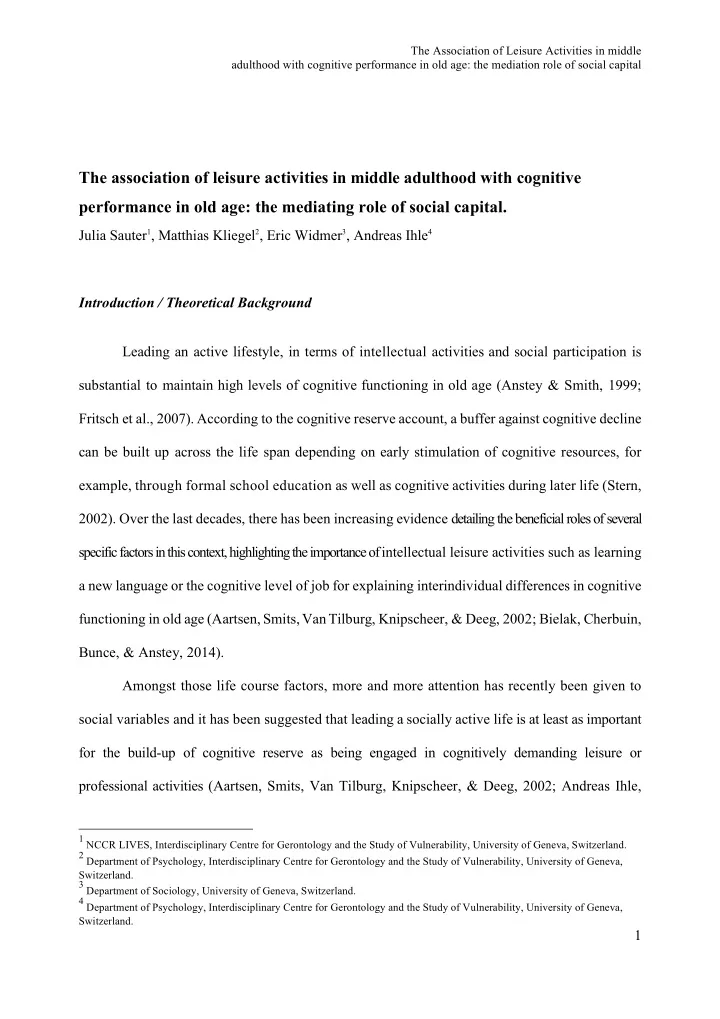 the association of leisure activities in middle adulthood
