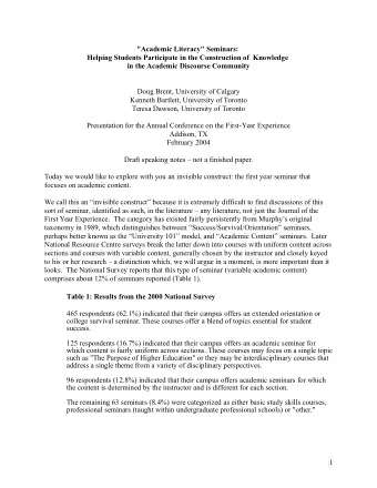 &quot;Academic Literacy&quot; Seminars:  Helping Students Participate in the Construction of