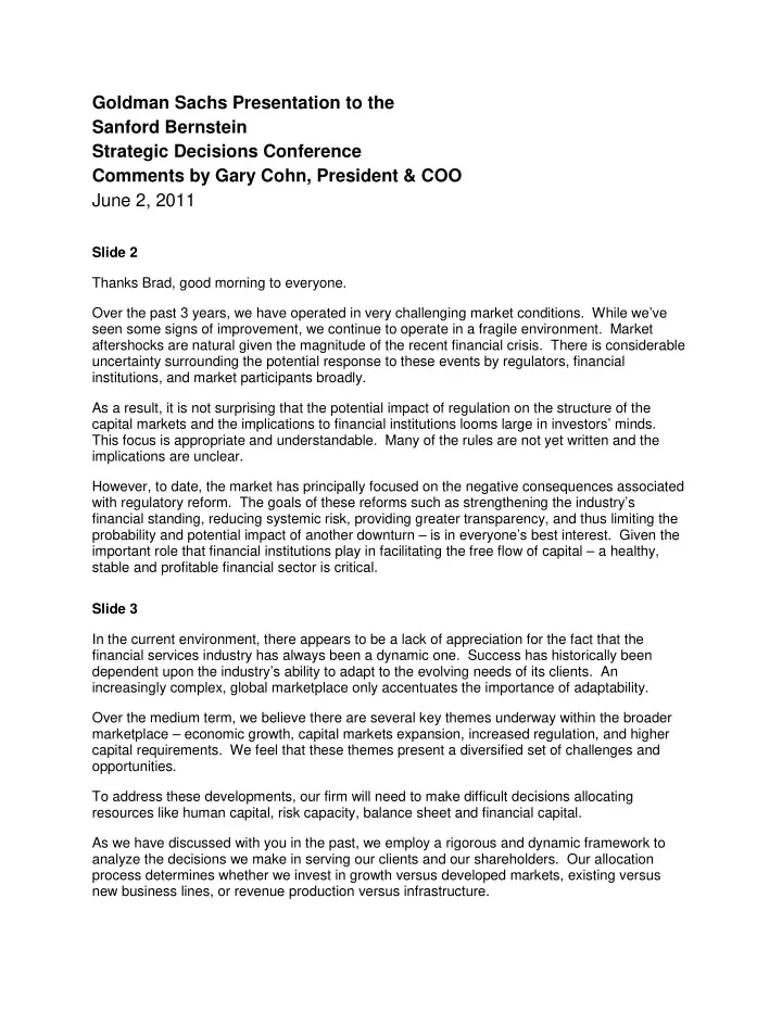 goldman sachs presentation to the sanford bernstein