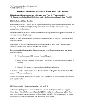 Transportation Issues provided by Larry Kent, ISBE Auditor  Claimed expenditures that are not being