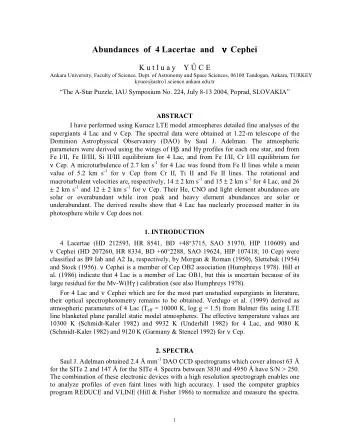 Abundances  of  4 Lacertae  and   Cephei      K u t l u a y    Y  C E  Ankara University,
