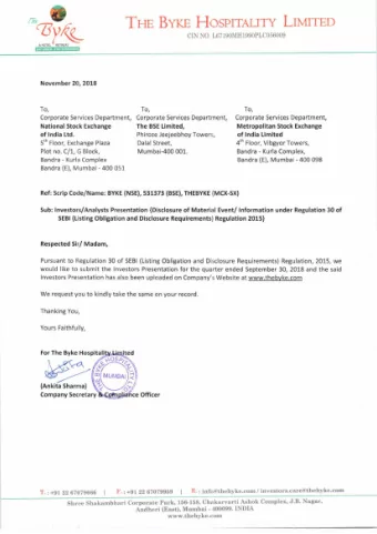 Investor Presentation  Q2FY19  Disclaimer This presentation and the accompanying slides (the