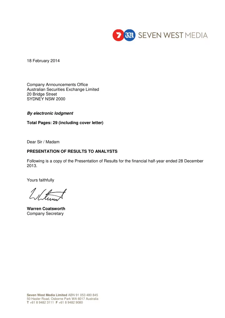 18 february 2014 company announcements office australian