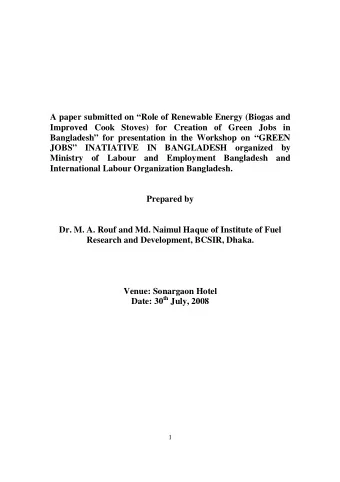 A paper submitted on Role of Renewable Energy (Biogas and  Improved Cook Stoves) for Creation of