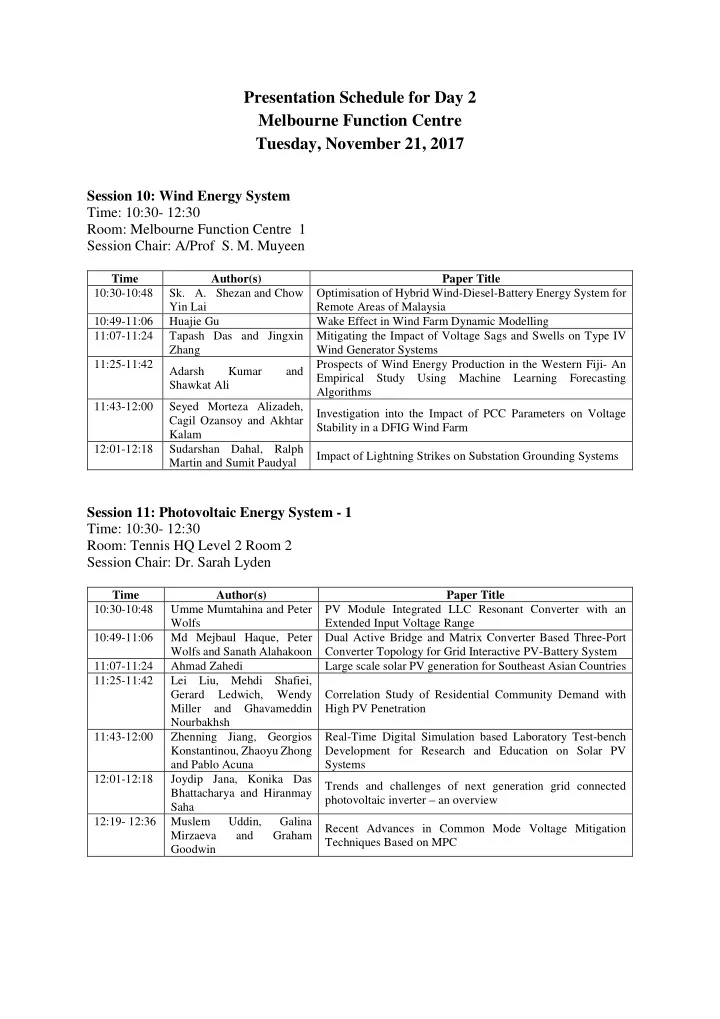 presentation schedule for day 2 melbourne function centre