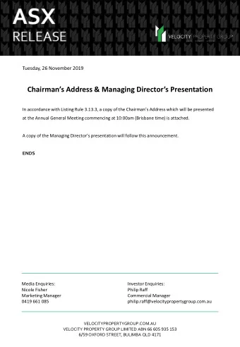 Chairmans Address &amp; Managing Directors Presentation  In accordance with Listing Rule