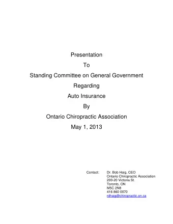 Presentation  To  Standing Committee on General Government  Regarding  Auto Insurance  By  Ontario