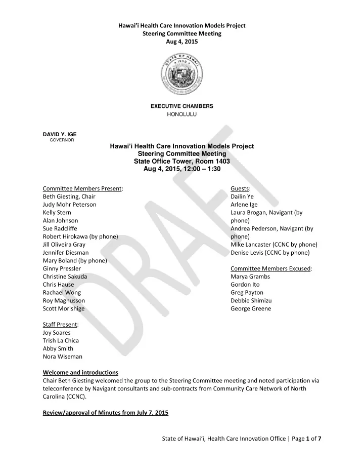 hawai i health care innovation models project steering
