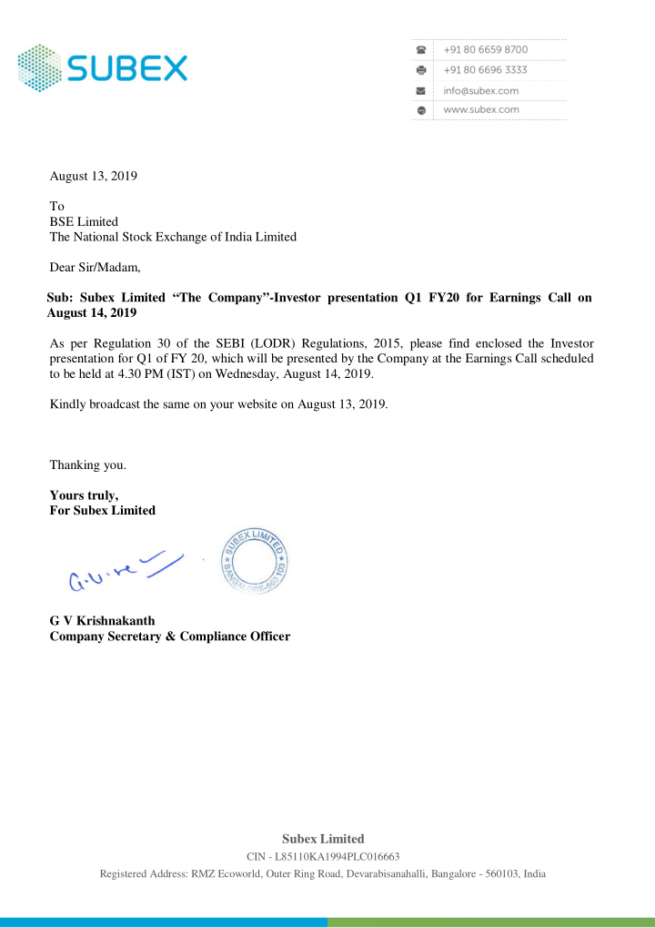 august 13 2019 to bse limited the national stock exchange