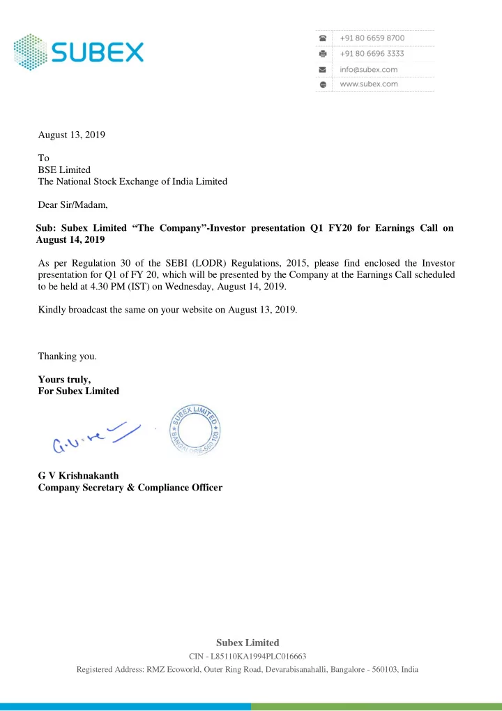 august 13 2019 to bse limited the national stock exchange