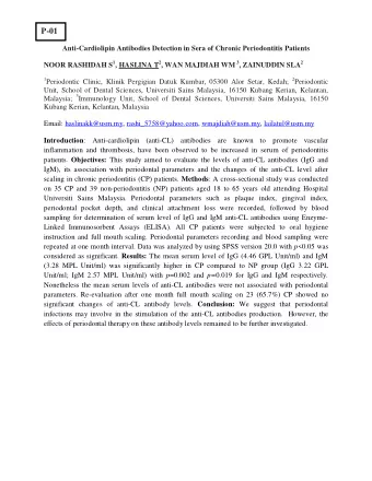 P-01  Anti-Cardiolipin Antibodies Detection in Sera of Chronic Periodontitis Patients NOOR RASHIDAH